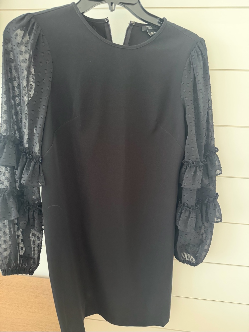 Ann Taylor Factory Black Mini Dress with Sheer Dot Puff Sleeves